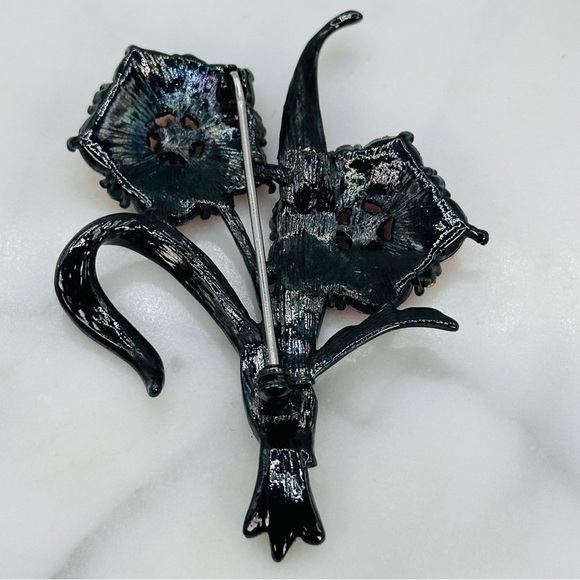 Retro Flower Brooch Pin with Red & Amber Holograph Gems Japanned Metal Statment - Picture 5 of 11